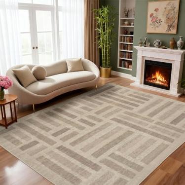 Imagem de EcoNest Tapetes de área laváveis, tapete macio de 1,5 x 2,1 m para sala de estar e quarto, tapete listrado vintage, resistente a manchas, com suporte antiderrapante, geométrico, quadriculado, tapete