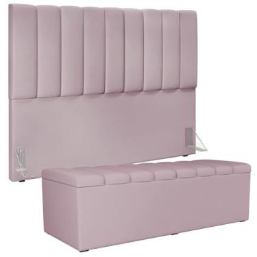 Imagem de Kit Cabeceira Cama Box Casal King 195cm com Calçadeira Baú Dália W01 Suede Rosê - Lyam