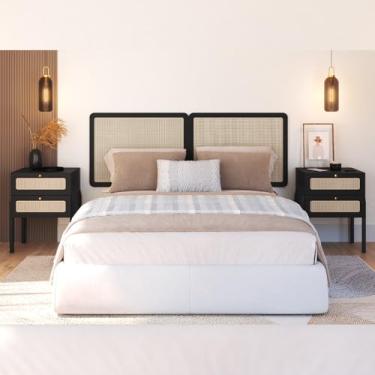 Imagem de Cabeceira Queen 160cm e 2 Mesas Laterais 2 Gavetas Madeira Moss A03 Nero Preto- Lyam Decor