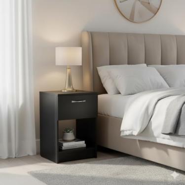 Imagem de Mesa de Cabeceira com Gaveta e Compartimento Secreto, 40 x 40 x 65 cm, Preto, MDF, com Fechadura Oculta