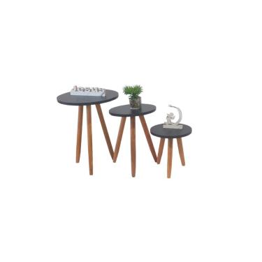 Imagem de Conjunto Kit Com 3 Mesinhas Lateral De Canto Redonda Sala Tampo Mdf - Preto