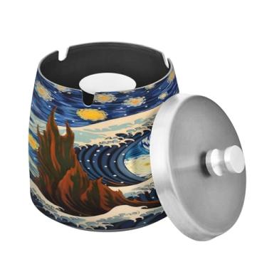 Imagem de Blueangle Cinzeiro noturno estrelado com tampa para cigarros, à prova de vento/chuva, aço inoxidável, sem fumaça, inodoro, cinzeiro para uso interno ou externo (210)