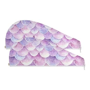 Imagem de SEHANY Toalha de cabelo de microfibra roxa pálida escamas de sereia para mulheres, 2 peças, turbantes de cabelo de secagem rápida com botão, touca de cabelo seco absorvente toalha de secagem de cabelo