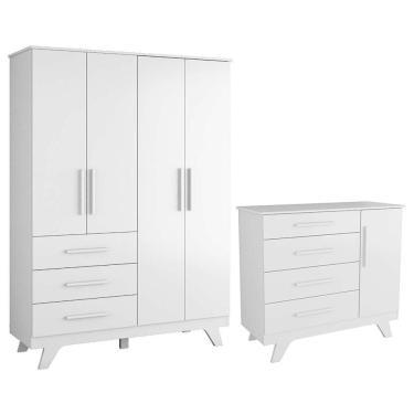 Imagem de Jogo De Quarto Infantil Retrô Guarda Roupa E Cômoda Branco Brilho - Móveis Peroba