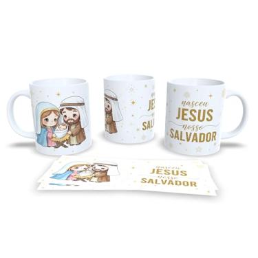 Imagem de Caneca Natalina com Presépio, Jesus O Verdadeiro Sentido do Natal, Cerâmica Branca, Decoração Religiosa com Arte Dourada, 325ml (23187)