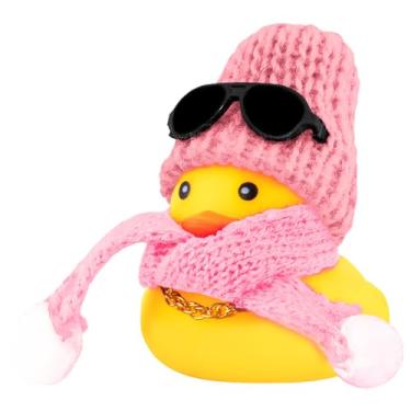 Imagem de wonuu Cachecol para decoração de painel de carro, pato de borracha, ornamentos de patos amarelos com mini chapéu, colar, óculos de sol, cachecol (rosa rosa)