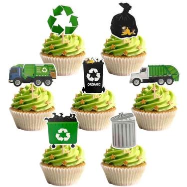 Imagem de 28 peças de topo de cupcake de caminhão de lixo, decorações divertidas de bolo de reciclagem e caminhão de lixo para festas de aniversário infantis, materiais de festa temáticos de construção