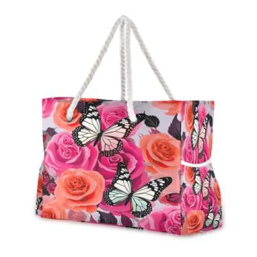 Imagem de Wassud Bolsa de praia borboletas rosadas (2) bolsas de praia grandes para mulheres, à prova d'água, à prova de areia, bolsa de viagem com zíper e bolso para piscina, academia, acampamento