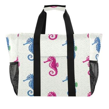 Imagem de Wassud Sacolas coloridas reutilizáveis de cavalos-marinhos grande bolsa organizadora de lona impermeável para praia, piquenique, lavanderia, viagem