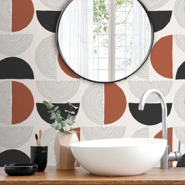 Imagem de Stickyart Papel de parede semicírculo abstrato moderno Peel and Stick Boho Semicircle Line Papel de parede removível terracota preto bege abstrato geométrico papel de contato para parede de destaque