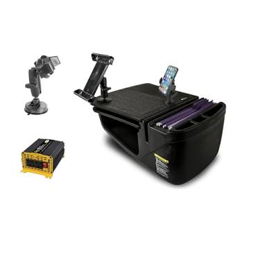 Imagem de AutoExec Mesa de carro GripMaster para sua estação de trabalho de veículo e escritório móvel, preta, com inversor de potência de 400 watts, suporte para telefone, suporte para tablet e sucção para