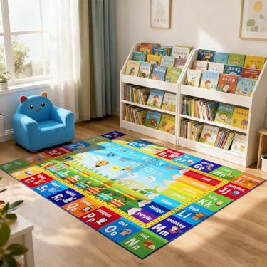 Imagem de Mejorug Tapetes educativos infantis 7 x 12 cm para sala de jogos, quarto, tapete de área para aprender ABC, números, cores, estações e palavras de animais, tapete lavável antiderrapante para decoração