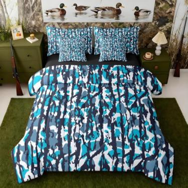 Imagem de Jogo de cama de casal camuflado em uma bolsa com edredom, lençóis, fronhas e capa de almofada, camuflado, caça, 7 peças, feminino, masculino, ultramilitar, conjunto de edredom com lençol azul, branco