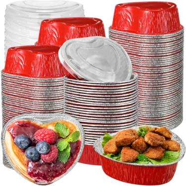 Imagem de Honeydak 200 peças de formas de bolo em forma de coração para assar com tampas, 10 cm/170 g, copos de cupcake de folha de alumínio dos namorados, mini forros de bolo de coração, latas descartáveis