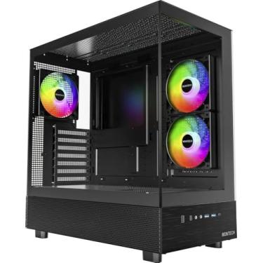 Imagem de MONTECH XR, ATX Mid-Tower PC Gaming Case, 3 x 120 mm ARGB PWM ventiladores pré-instalados, painel de vidro temperado duplo de visualização completa, interface E/S de design de grão de madeira, suporta