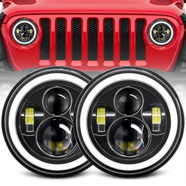 Imagem de YUGUANG 2 peças de farol de LED redondo de 17,78 cm, projetor de seta âmbar DRL H6024, farol halo de LED compatível com Wrangler JK CJ TJ
