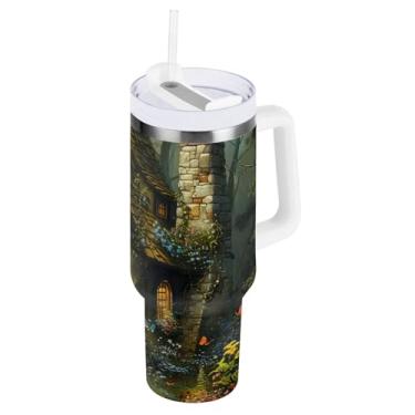 Imagem de ODAWA Copo de viagem isolado grande com alça e tampa de palha, copo à prova de derramamento de floresta cottage com canudo