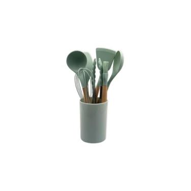 Imagem de Conjunto de Utensílios de Silicone com Cabo de Madeira, 8 Peças, Verde Claro, Inclui Concha, Colher, Espátulas, Pegador, Fuê, Pincel e Copo Suporte, para Cozinha