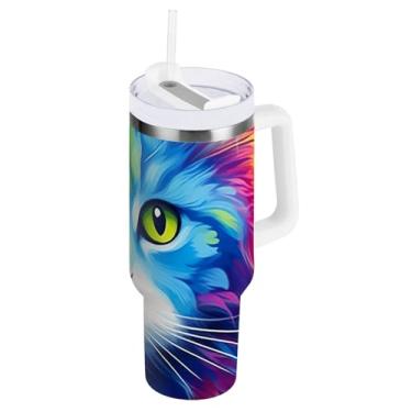 Imagem de Copos de copo com isolamento de gato arco-íris de 1,134 g com tampa e canudo, copo com isolamento duplo