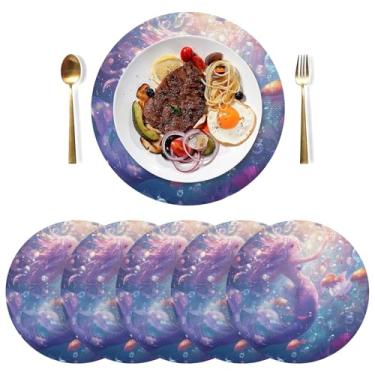 Imagem de Tapete de prato de mesa de 38 cm de princesa sereia fofa, tapetes de mesa de jantar, jogo americano lavável em PVC para casa de fazenda, conjunto de 6