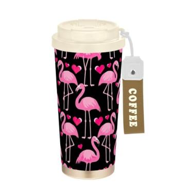 Imagem de TSENQUE Caneca de café de viagem 40 ml com canudo e tampa de filp, copos de parede dupla isolados a vácuo com revestimento cerâmico, corações pretos flamingo rosa