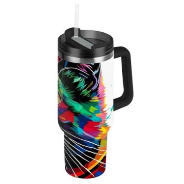 Imagem de Copo grande de gato preto colorido arco-íris brilhante com tampas e canudo copo grande com alça 1,134 g garrafa de água isolada copos de café quente de aço inoxidável para carro