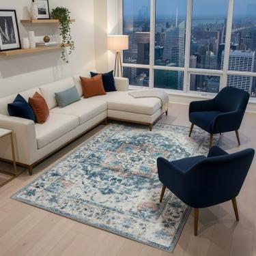 Imagem de Zanipex Tapetes de área de 20 x 25 cm para sala de estar, tapetes laváveis para quarto, 13 x 17 cm, entrada de corredores, cozinha, interior, boho, tapete bege para escritório (coral azul-petróleo, 20