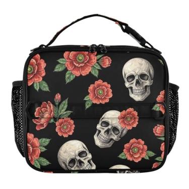 Imagem de Joisal Lancheira bordada vermelha floral preta para mulheres, meninas, lancheira masculina e infantil, lancheira para trabalho, bolsa térmica de alimentos portátil para meninos