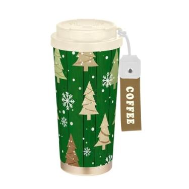 Imagem de Caneca de café para viagem com árvores de Natal, 40 ml com canudo e tampa, copo de parede dupla isolado a vácuo com revestimento cerâmico para escritório, escola, festa, acampamento