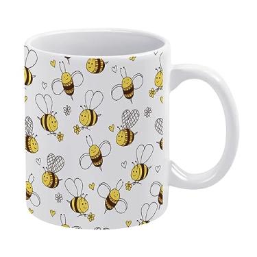 Imagem de Abelhas amarelas voadoras sem costura com girassóis e corações em copo de cerâmica branca branca, caneca de chá de 325 ml, caneca de café, caneca de leite, copo de cerâmica para escritório em casa