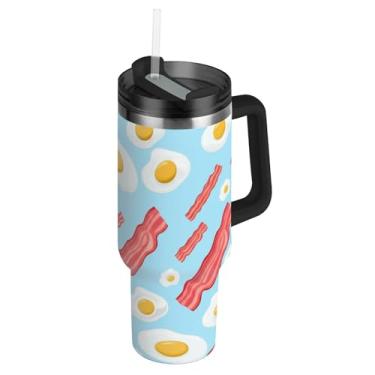 Imagem de Taças de ovos de bacon azul claro com tampa e canudos, garrafa de água isolada de aço inoxidável, copo de 1,134 g com alça, garrafa de água para adultos para copo de carro