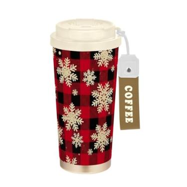 Imagem de TSENQUE Caneca de café de viagem de 473 ml com revestimento cerâmico, caneca de café de aço inoxidável com tampa e canudo, copo isolado a vácuo, flocos de neve bege, vermelho, preto xadrez