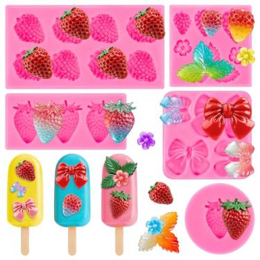 Imagem de 5 peças de moldes de morango, molde de fondant de morango de silicone, arco 3D, forma de fruta, formas de bolo, faça você mesmo, para fazer geleia, argila, chocolate, doce, cupcake, sorvete, vela