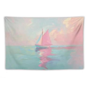 Imagem de Tapeçaria de parede de veleiro rosa no oceano calmo decoração náutica costeira arte pastel pôr do sol para sala de estar quarto pátio relaxante praia pendurado acento encantador cena aquática 30 x 40