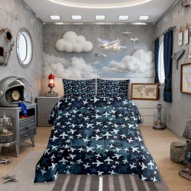 Imagem de Manfei Jogo de cama solteiro com desenho de avião, aviação da América Ocidental, camuflado, aviação, para meninas, meninos, adolescentes, decoração de quarto para todas as estações, 1 fronha