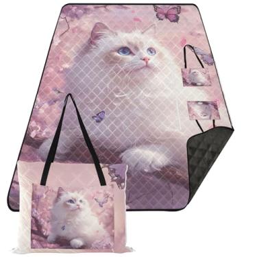 Imagem de TSENQUE Cobertor de piquenique fofo de gato Ragdoll rosa flor de cerejeira cobertor de praia dobrável à prova de areia à prova d'água tapete de brincar ao ar livre para grama 203 cm x 152 cm
