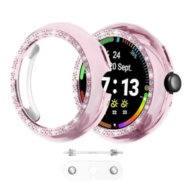 Imagem de Wugongyan Pacote com 2 capas para Google Pixel Watch 4 45M – Charge com capa em diamante de cristal de linha única brilhante capa protetora de PC rígido protetor de borda para Pixel Watch 4 (rosa +