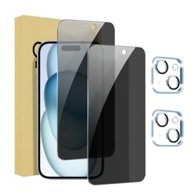 Imagem de 2 + 2 protetores de tela de privacidade para iPhone 15 com protetor de lente de câmera cobertura total filme de vidro temperado anti-espião dureza 9H fácil instalação sem bolhas [6,1 polegadas]