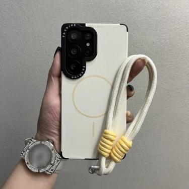 Imagem de Capa com alça de pulso para Samsung Galaxy S22 S23 S24 S25 Ultra Plus, carregamento sem fio, lente líquida, proteção de armação, branca, para S25 Plus