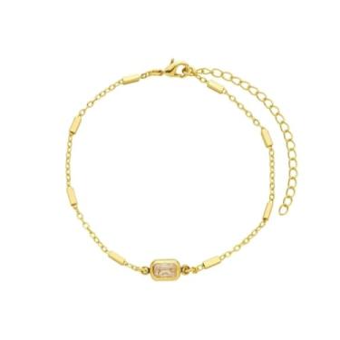 Imagem de Pulseira Delicada com Pedra Cristal, Banho de Ouro 18k, Corrente com Detalhes em Tubinho, Fecho Lagosta com Extensor, Hipoalergênica