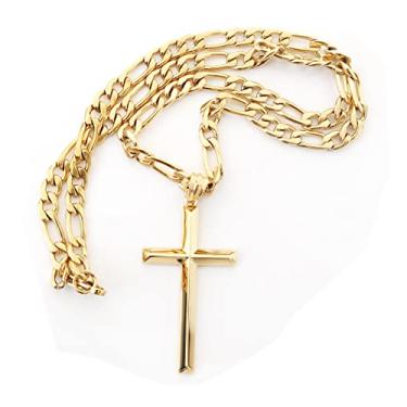 Imagem de Colar com pingente de cruz estilo corrente fígaro de ouro 24 k 5 mm com fecho de cruz para homens, Husband fino para berloques Miami Cubana Corte de diamante religioso borda chanfrada, 22, Banhado a ouro, Sem pedras preciosas