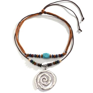 Imagem de Colar boêmio feminino de couro marrom com concha prateada vintage/estrela do mar/concha do mar/pingente de pérola, feito à mão, praia, férias, concerto, declaração, vaqueira, boêmio, colar, One Size