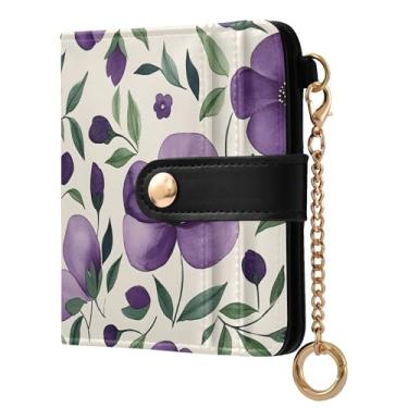 Imagem de SEHANY Carteira feminina elegante com flores roxas com bloqueio de RFID, compacto, porta-cartão de crédito de couro PU, dobrável para moedas, carteiras para mulheres e adolescentes