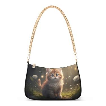 Imagem de Linda bolsa de ombro marrom gatinho com corrente de gato, bolsa feminina Hobo com estampa artística para uso diário e noturno