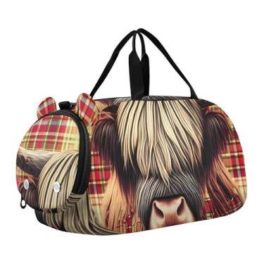 Imagem de Bolsa esportiva para meninos, bolsa esportiva para viagem, bolsa esportiva de dança, cisnes, rosas, corações, dia dos namorados, Highland Cow xadrez vermelho, Clássico
