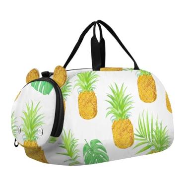 Imagem de Bolsa esportiva para meninos com desenho animado colorido de gatos rosa vibrante durante a noite para meninas para viagem, academia, bagagem infantil, Abacaxi, folhas tropicais brancas, Clássico