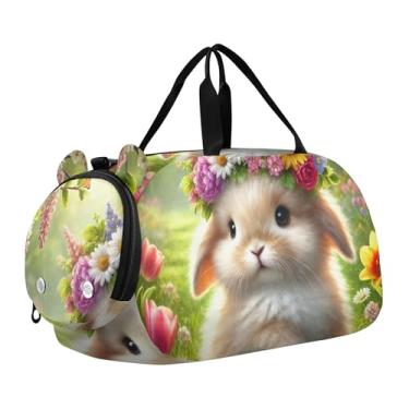 Imagem de Bolsa esportiva de viagem para meninos, fim de semana, bolsa de viagem para meninas, bolsa de viagem para dança, romântica, gato Titanic Love, Coroa de flor de coelhinho da primavera, Clássico