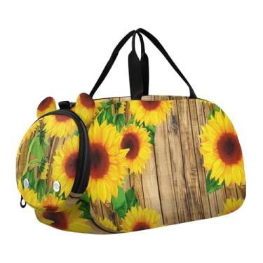 Imagem de Bolsa esportiva escocesa Highland com flores de vaca para meninas, bolsa de viagem noturna, compartimento de sapatos para meninos, Girassóis brilhantes de madeira rústica, Clássico
