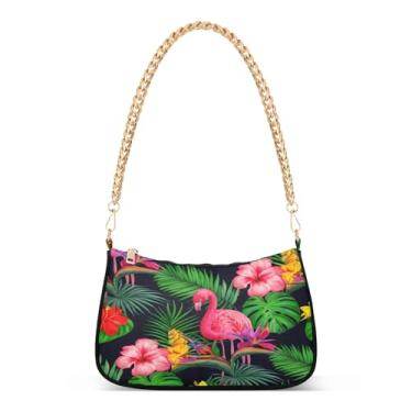 Imagem de Bolsa de ombro com corrente de folhas verdes flamingos rosa vívidas, bolsa feminina Hobo, bolsa com estampa tropical para uso diário ou festa