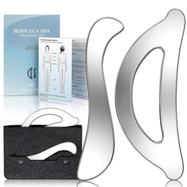 Imagem de Rena Chris Conjunto de ferramentas de raspador muscular – Gua Sha de aço inoxidável para fisioterapia e massagem de tecidos profundos, ferramentas de Gua Sha corporal com bolsa de viagem (kit de 2